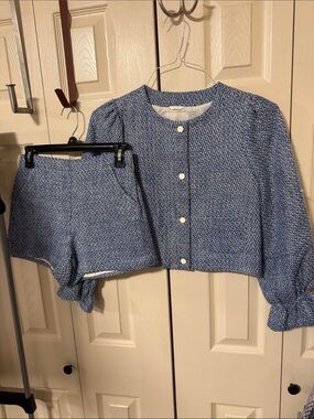 Janie and Jack Blue Textured Two-Piece Set - Button Jacket & Shorts size 12